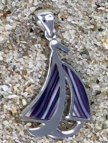 P1068 Sail Boat Wampum Sterling Silver Inlay Pendant