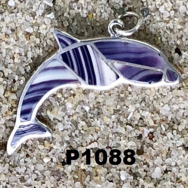P1088 Dolphin Sterling Silver Wampum Inlay Pendant