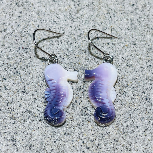 E3147 Seahorse Wampum Natural Earrings Sterling Silver