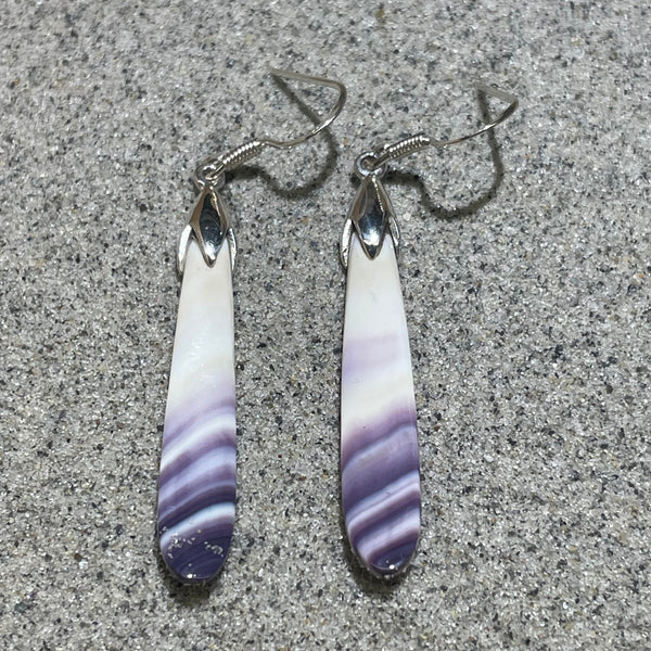 E3134 Long Curved Wampum Natural Earrings Sterling Silver