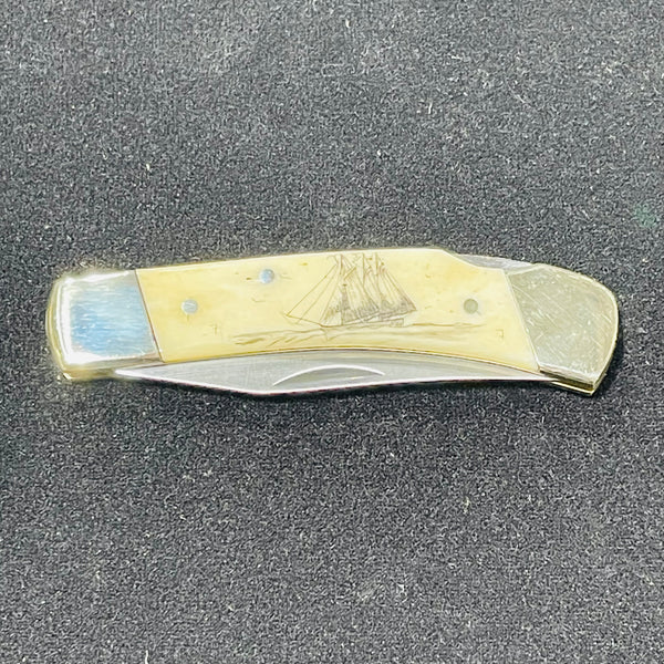 LB5 Ship Hand Etched Large Pocket Knife Scrimshaw Collection on Bovine Bone | F&F Inc.