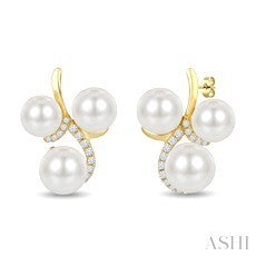 0.15 Ctw Three-Stone Pearl and Diamond Earrings in 10K Yellow Gold