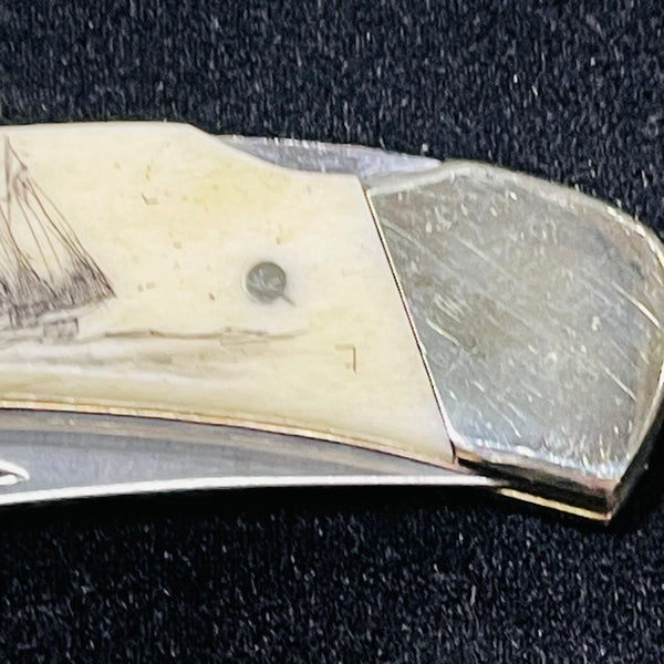 LB5 Ship Hand Etched Large Pocket Knife Scrimshaw Collection on Bovine Bone | F&F Inc.
