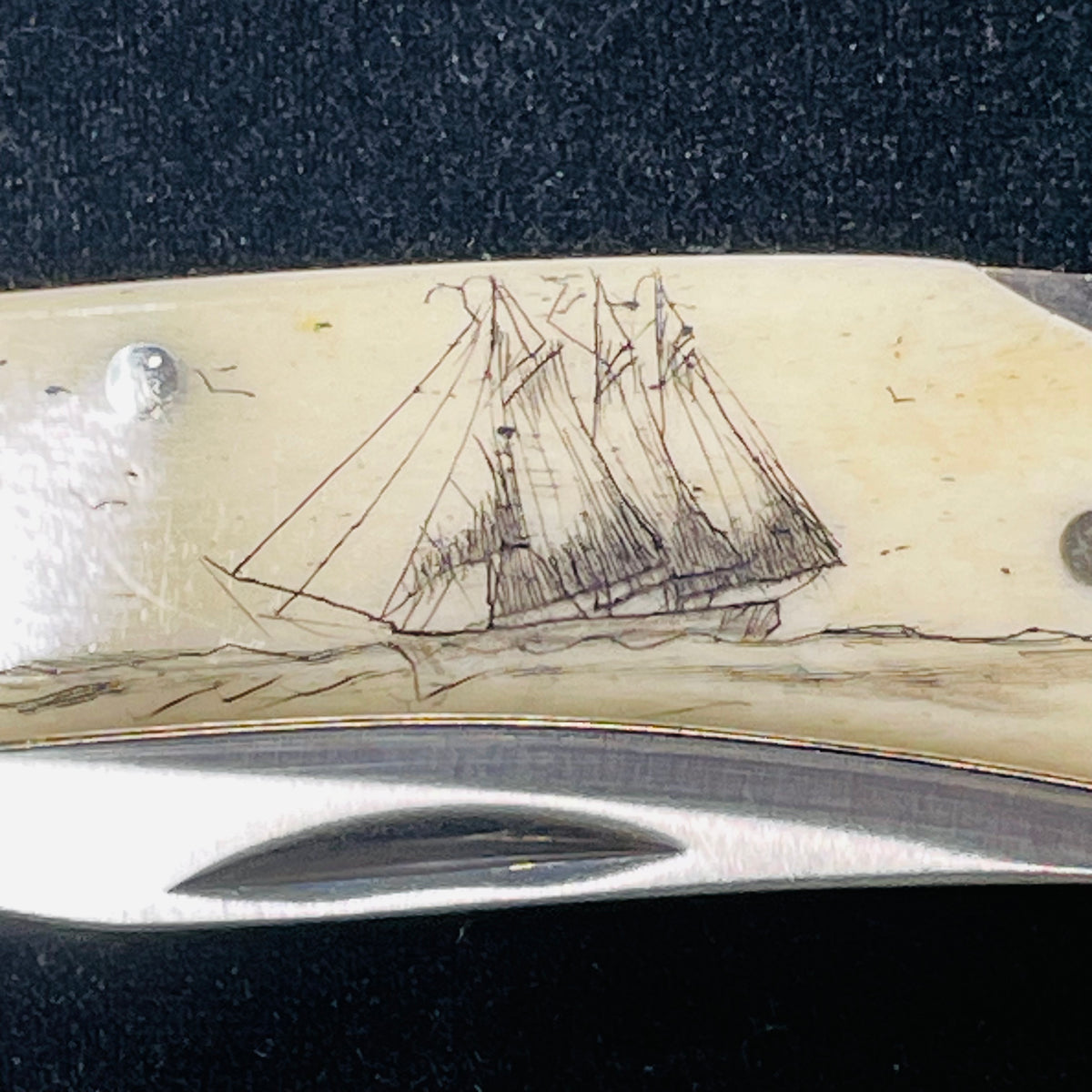 LB5 Ship Hand Etched Large Pocket Knife Scrimshaw Collection on Bovine Bone | F&F Inc.