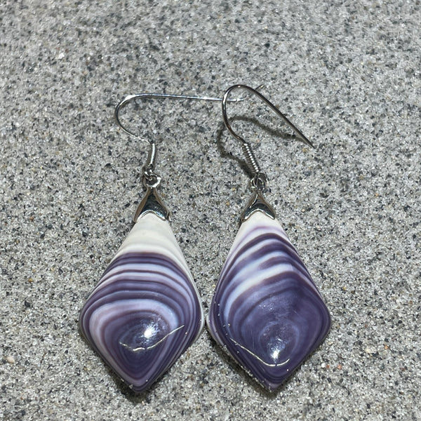 E3096 Long Tie Wampum Natural Earrings Sterling Silver