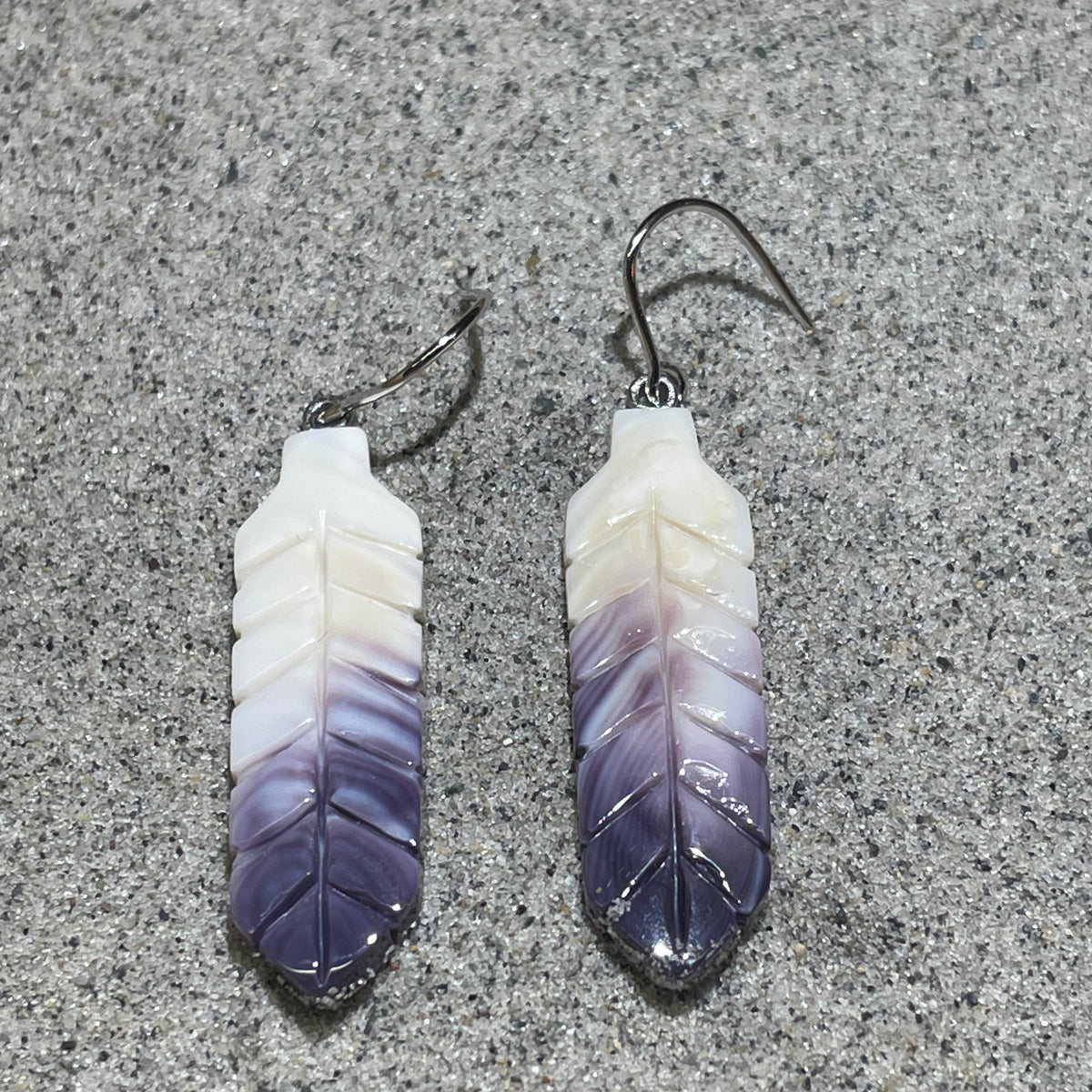 E3094 Square Feather Wampum Natural Earrings Sterling Silver