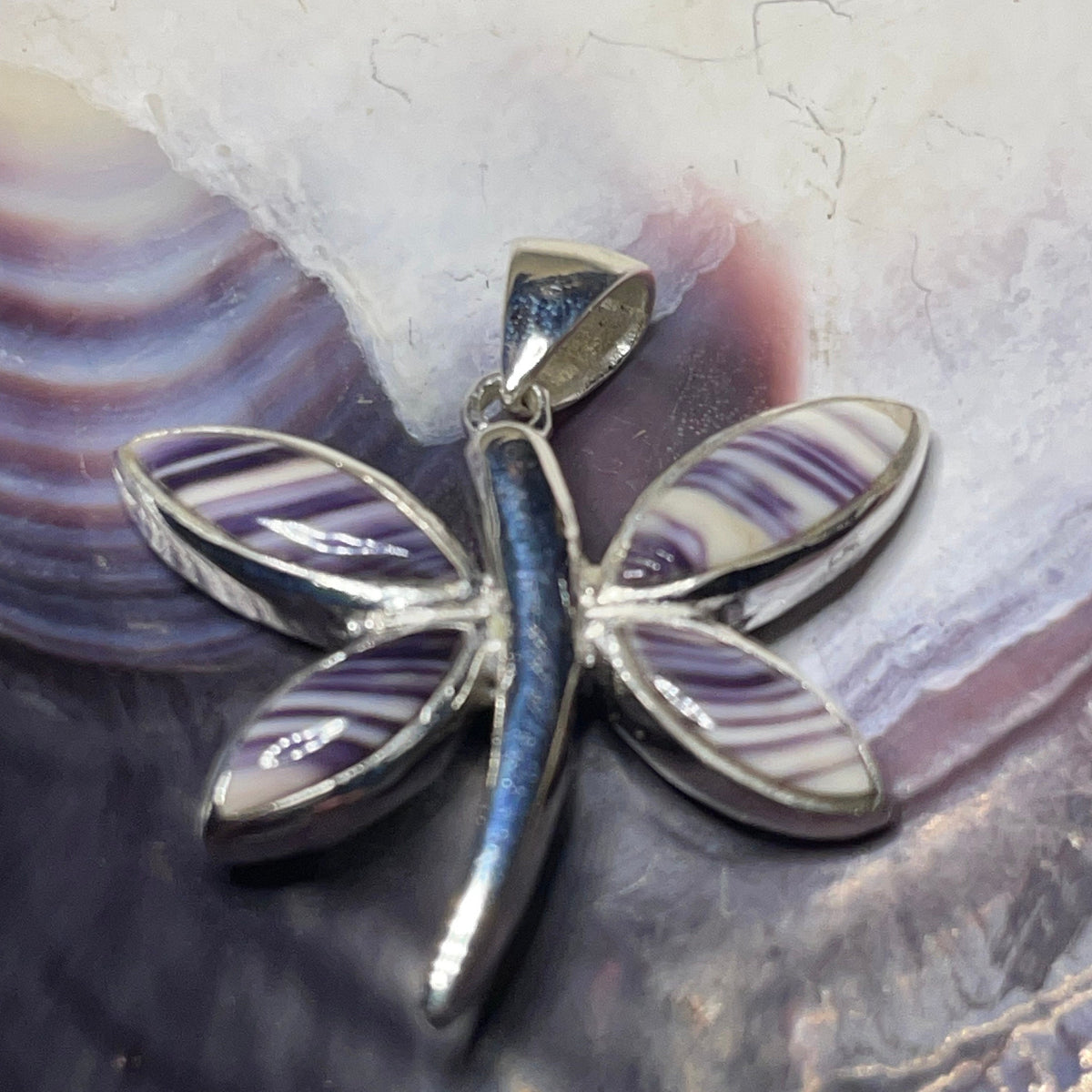 P1093 Dragonfly Sterling Silver Wampum Inlay Pendant