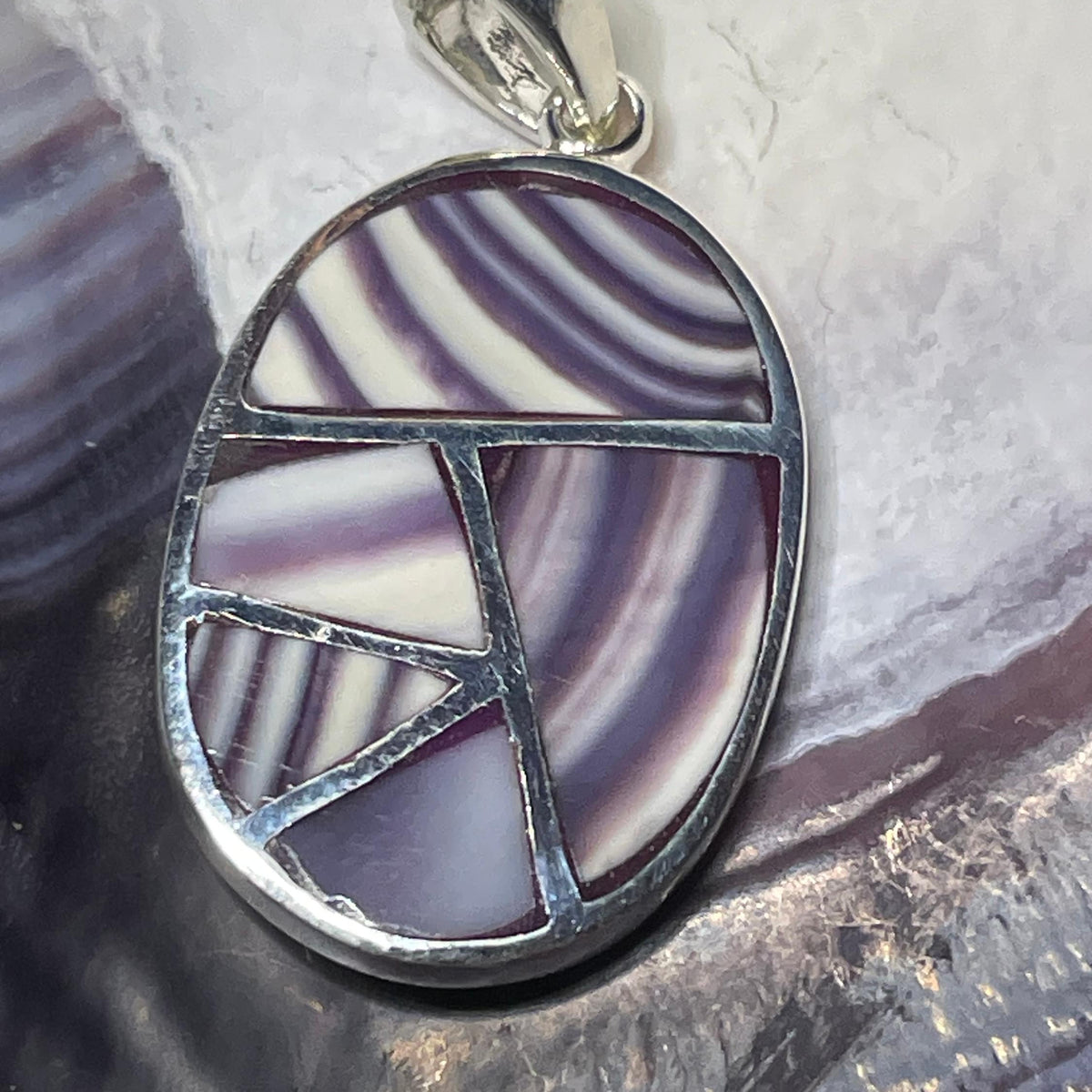 P1084 Large Mosaic Sterling Silver Wampum Inlay Pendant