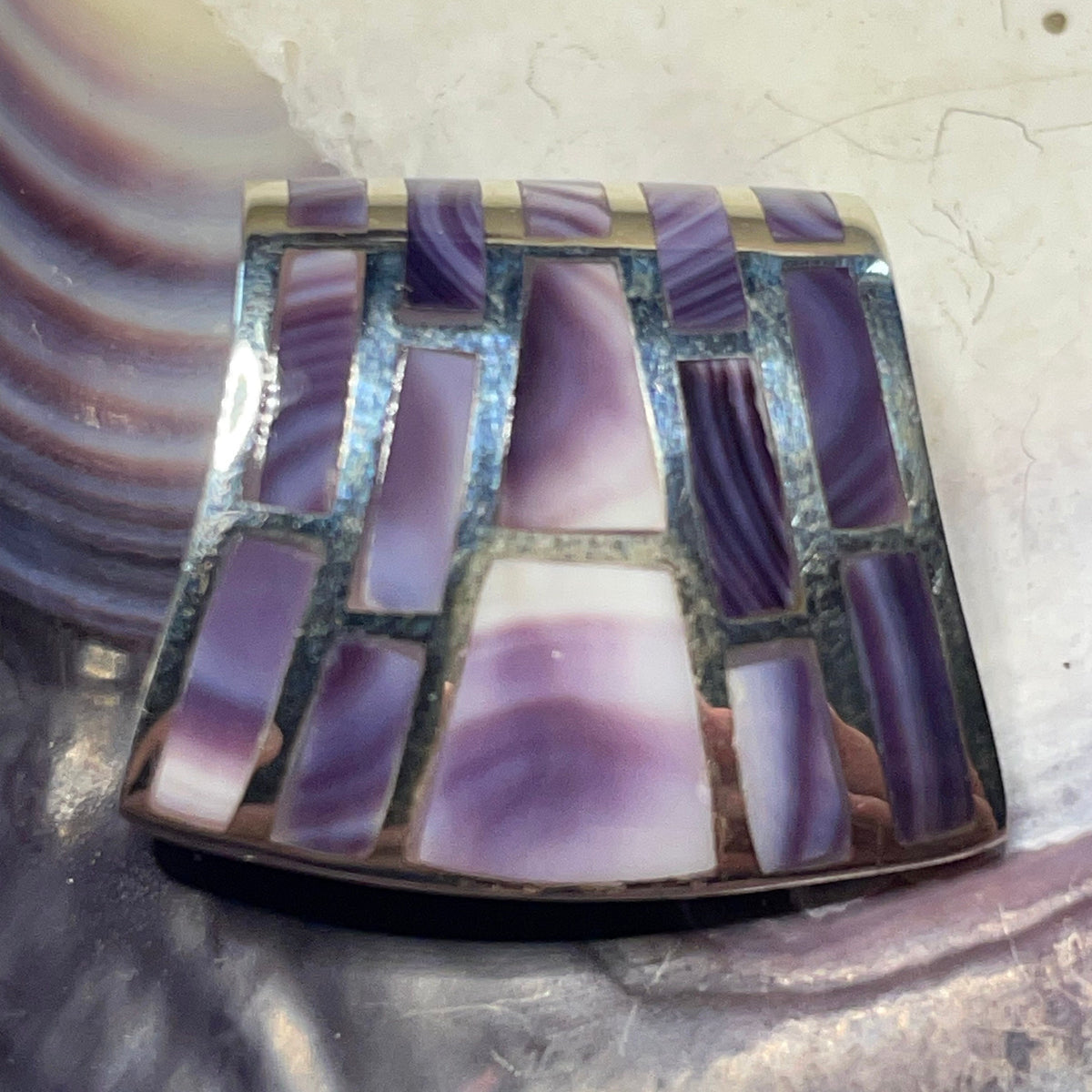 P1077 Slide Large Wampum Sterling Silver Inlay Pendant
