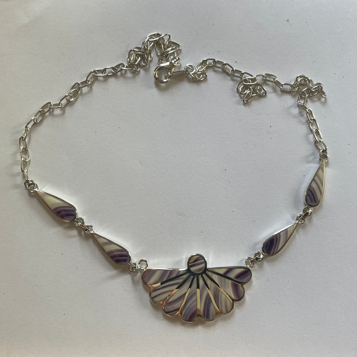P1011 Teardrop Fan Neck Chain Wampum Sterling Silver Inlay