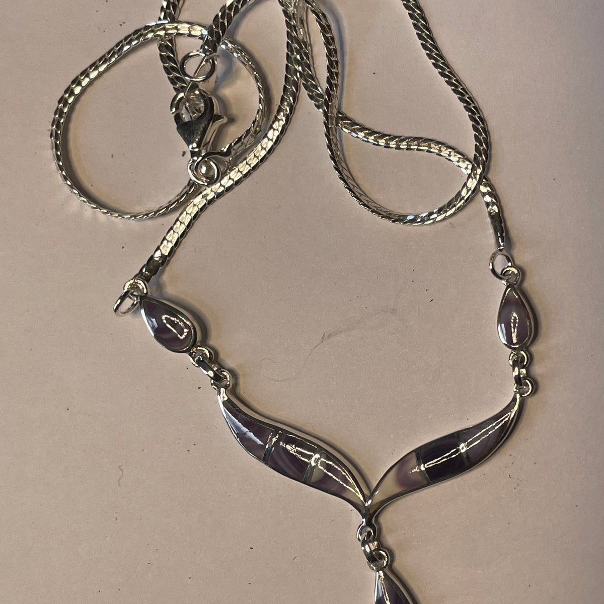 P1008 Teardrops Neck Chain Wampum Sterling Silver Inlay