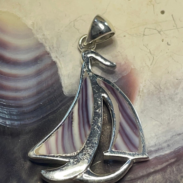 P1068 Sail Boat Wampum Sterling Silver Inlay Pendant