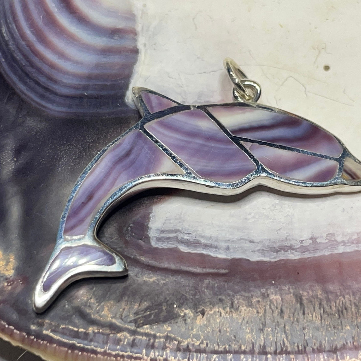 P1088 Dolphin Sterling Silver Wampum Inlay Pendant