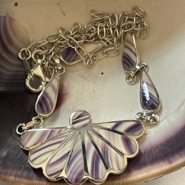 P1011 Teardrop Fan Neck Chain Wampum Sterling Silver Inlay