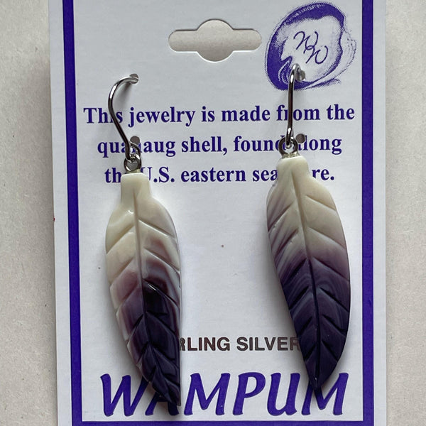 E3093 Curved Feather Wampum Natural Earrings Sterling Silver