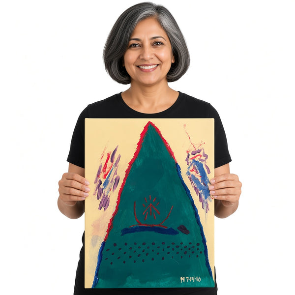 Teal Mountain — unique person holding canvas