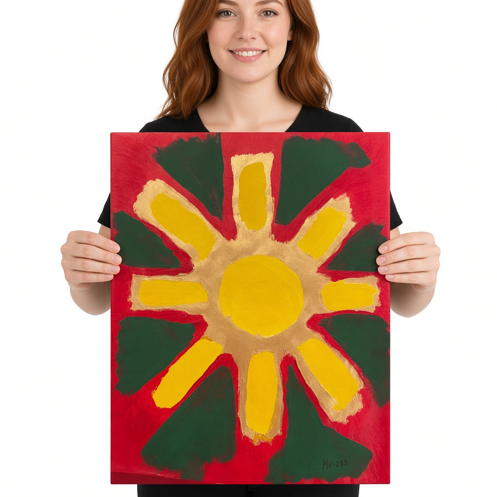 Yellow Sun on Green — unique person holding canvas