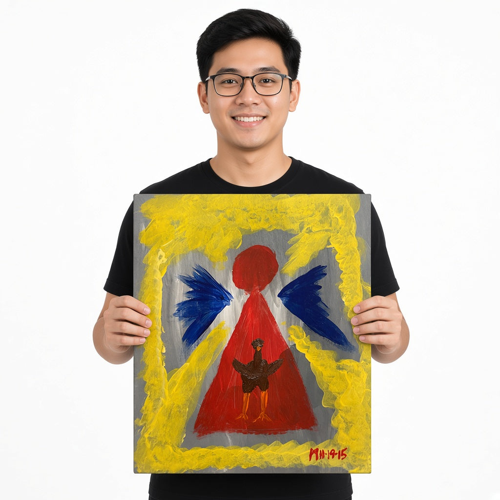 Red Angel with Blue Wings — unique person holding canvas