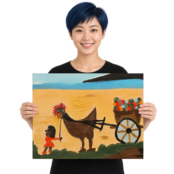 Rooster Pulling the Fruit Cart — unique person holding canvas