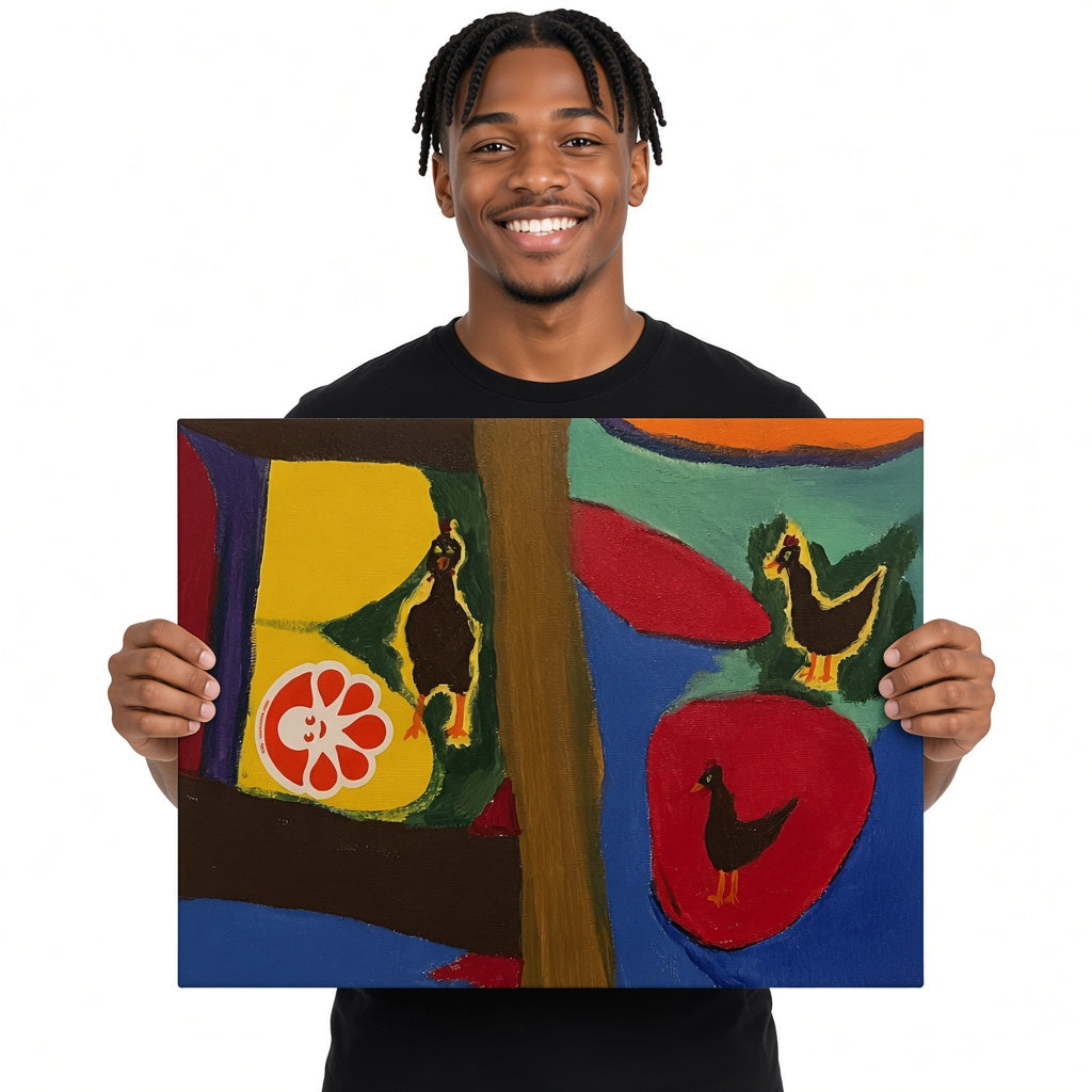 Three Hens Circle — unique person holding canvas