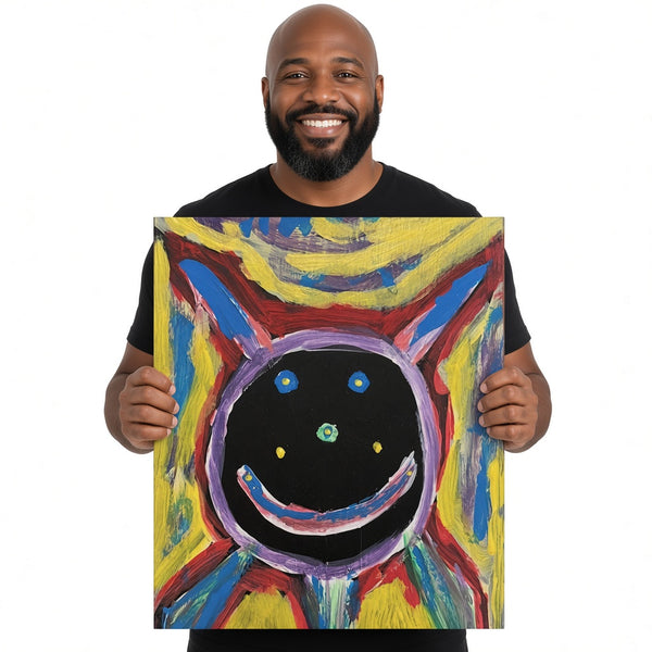 Smiling Black Sun — unique person holding canvas