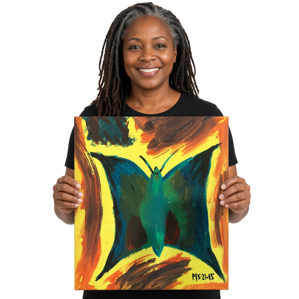 Teal Butterfly — unique person holding canvas