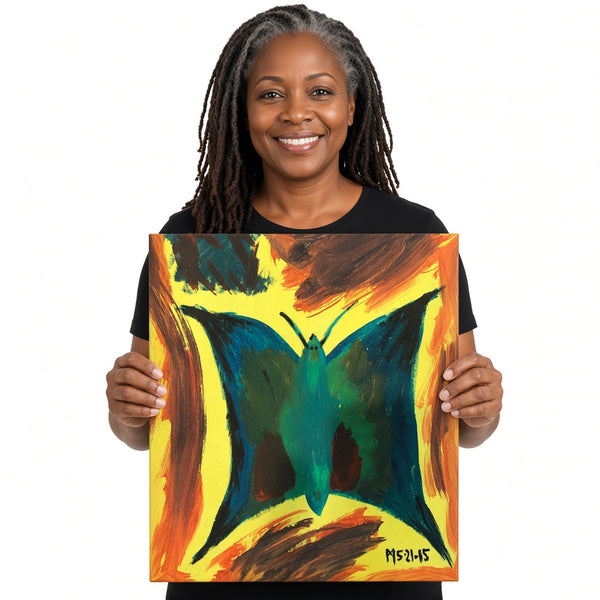 Teal Butterfly — unique person holding canvas