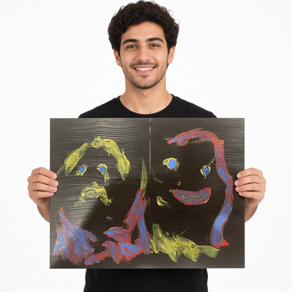 Two Faces in Blue and Yellow — unique person holding canvas