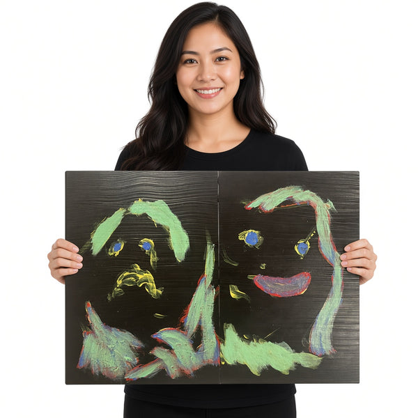 Two Faces in Green — unique person holding canvas