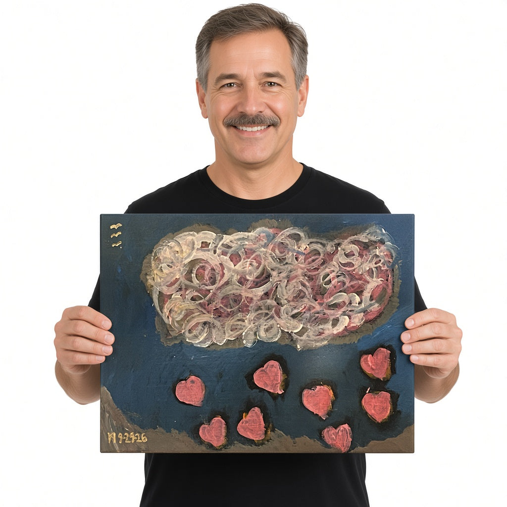 Raining Hearts — unique person holding canvas