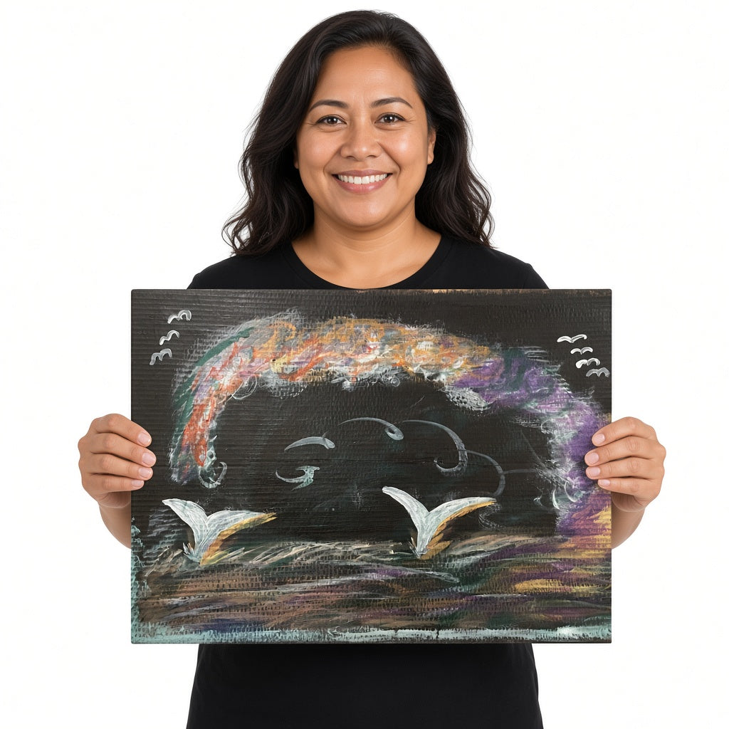 Whale Tails Under the Arch — unique person holding canvas