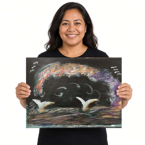 Whale Tails Under the Arch — unique person holding canvas