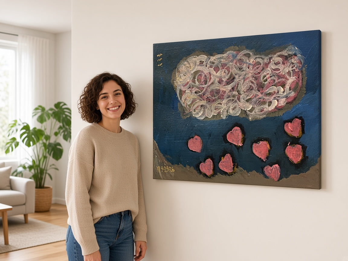 Cloud of Hearts — unique person holding canvas