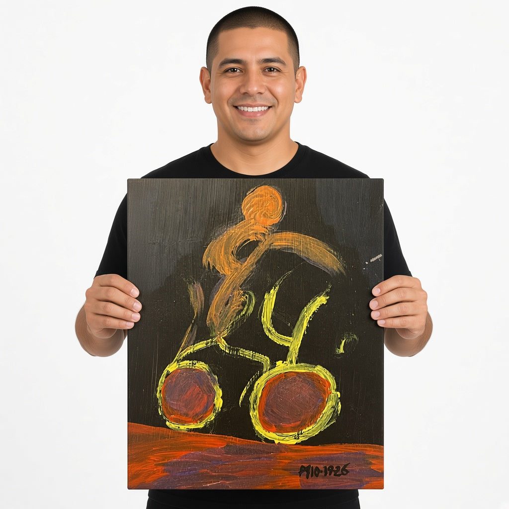 Night Cyclist — unique person holding canvas