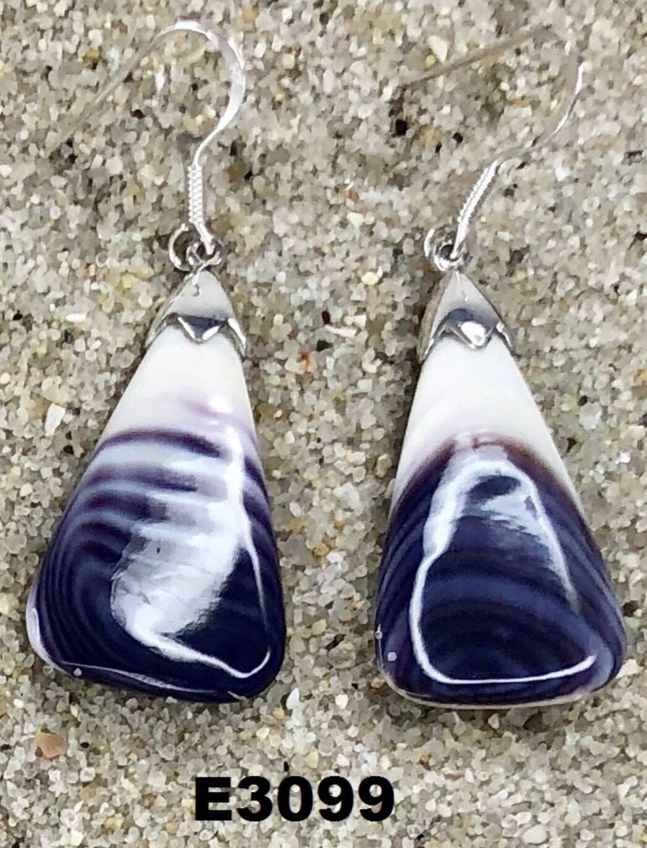 E3099 Long Triangle Wampum Natural Earrings Sterling Silver