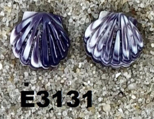 E3131 Scallop Stud Wampum Natural Earrings Sterling Silver