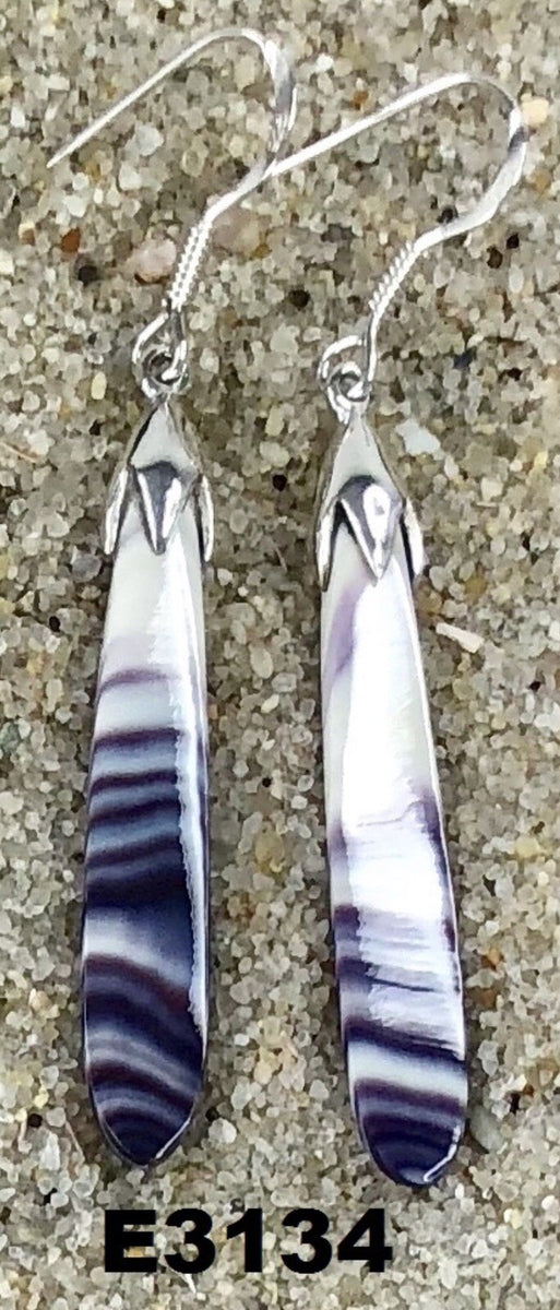 E3134 Long Curved Wampum Natural Earrings Sterling Silver