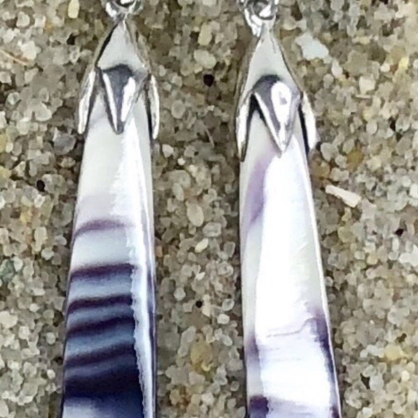 E3134 Long Curved Wampum Natural Earrings Sterling Silver
