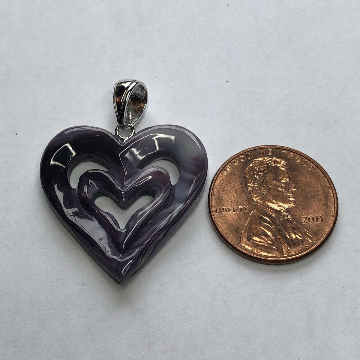 P3407 Double Heart Medium Wampum Natural Sterling Silver Pendant