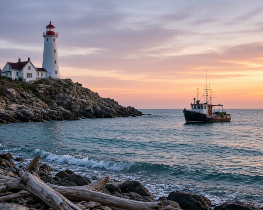 Lighthouse with boat on the coast